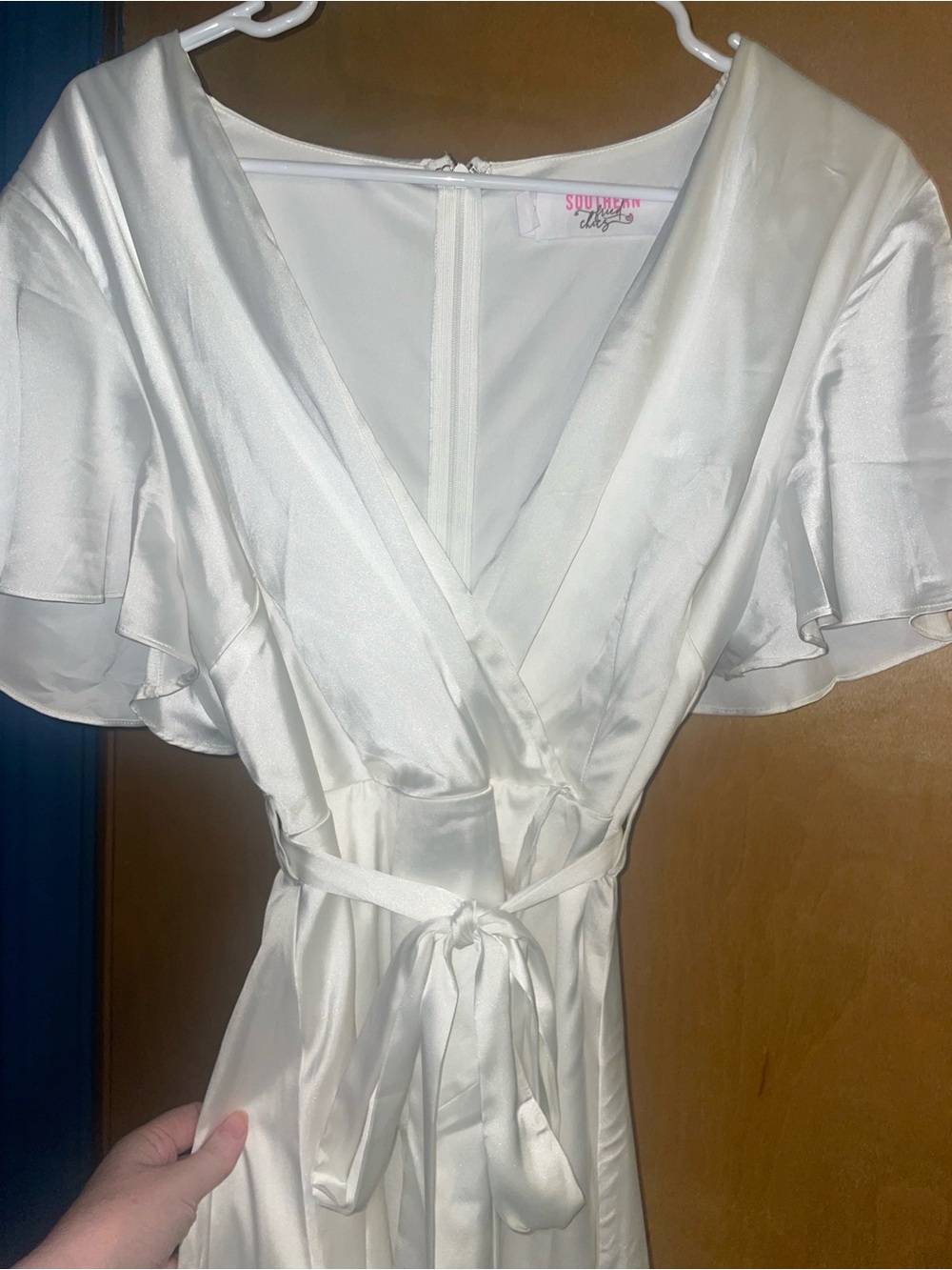 White Satin wrap dress with Flutter Sleeves
